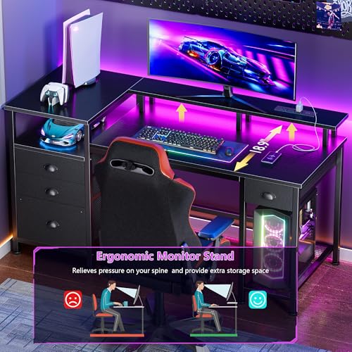 Furologee 52" Gaming Desk with 4 Drawers & LED Lights, Power Outlet, Black - color: Black, size: 52 Inch
