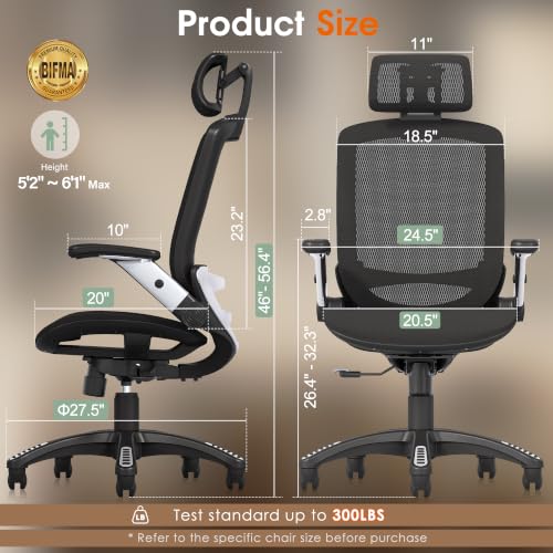 GABRYLLY Ergonomic Office Chair, High Back Home Desk Chair with Headrest, Flip-Up Arms, 90-120° Tilt Lock and Wide Cushion, Big and Tall Mesh Chairs for Man Woman, Black Task Chair - color: Black