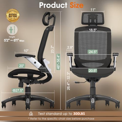GABRYLLY Ergonomic Office Chair, High Back Home Desk Chair with Headrest, Flip-Up Arms, 90-120° Tilt Lock and Wide Cushion, Big and Tall Mesh Chairs for Man Woman, Black Task Chair - color: Black
