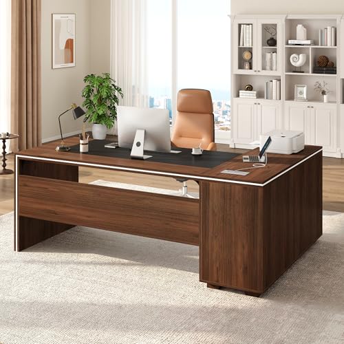 71" Executive Desk with Storage Cabinet, Modern L-Shaped Office Desk with Bookshelf, Storage Shelves, CPU Stand & Cable Management, Large Computer Workstation for Home Office (Brown) - color: Walnut
