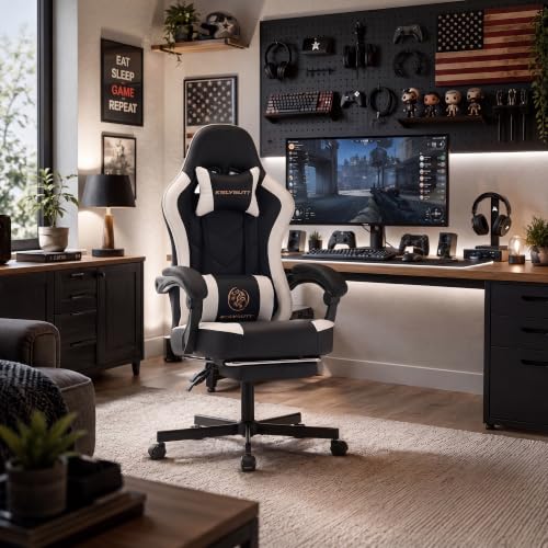 Desk Computer Gaming Chair - High Back Ergonomic Office Chair with Footrest and Lumbar Support, Swivel Comfy Home Gamer Video Game Chairs with Pocket Spring Cushion for Adults (White Leather) - color: Classic White Leather