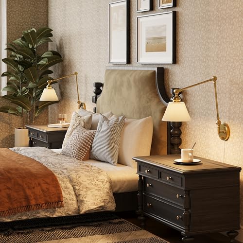 Gold Plug in Wall Sconce, Swing Arm Wall Light with 6.6FT Plug in Cord, Two Adjustable Arms, Fabric Shade, E26 Base, Hardwired Wall Lamp for Bedroom, Reading, Living Room, Hallway (1 Pack) - color: Gold, size: 1 pack