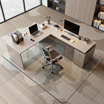 46" x 55" Glass Chair Mat for Carpet, 0.2" Thick Office Chair Mat | Heavy-Duty Tempered Glass With Crystal Clear Surface, Polished Rounded Edges Resists Scratches And Cracks For Smooth Rolling - size: 46" x 55"