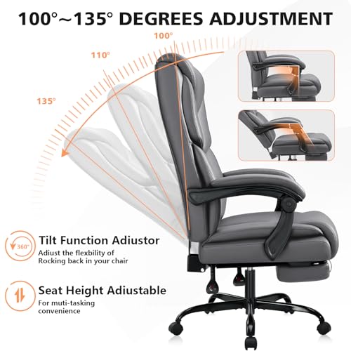WAILOR 400lbs Office Chair with Foot Rest, Reclining Big and Tall Office Chair with Lumbar Support, High Back PU Leather Computer Chair,Comfy Desk Chair for Home Office (Gray) - color: Grey