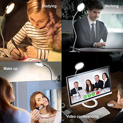 LiFMIRA Clip on Lamp Reading Light 5 Color Modes 10 Brightness 8W Silver | 66 LED Eye Caring Metal Clamp Light Gooseneck Clip on Light for Bed Headboard Desk Video Conferencing Make up - color: Silver