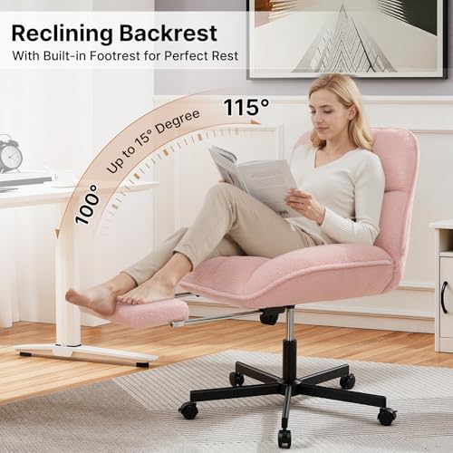 Criss Cross Office Chair with Foot Rest, Thick Cushioned Cross Legged Office Chair, Armless Wide Seat Reclining Desk Chair, Height Adjustable Criss Cross Chair for Home Office,Vanity, Pink - color: Pink