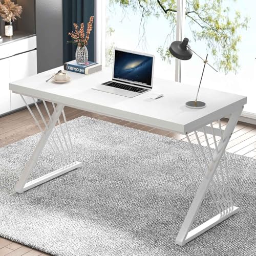 White Desk, Modern Wood and Metal Computer Desk for Home Office, Simple Writing Work PC Desks for Bedroom, Industrial Study Gaming Table for Living Room, White, 47 Inch - color: White, size: 47 Inch