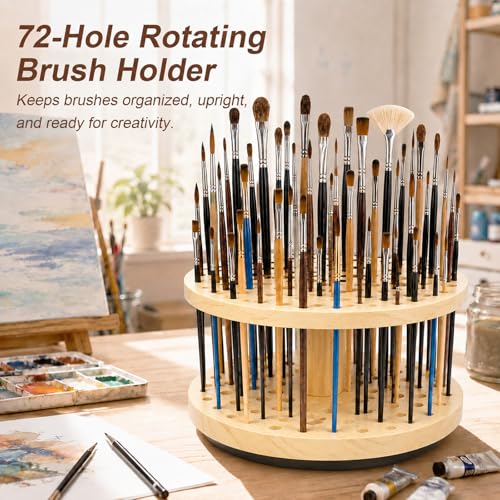 72 Hole 360° Rotating Hardwood Paint Brush Holder Organizer - color: Yellow（72 Holes）