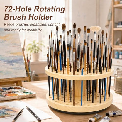 72 Hole 360° Rotating Hardwood Paint Brush Holder Organizer - color: Yellow（72 Holes）