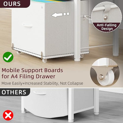 HIGDBFE File Cabinet with 2 Fabric Drawers & Dual Shelves, White | 2-Tier Printer Storage, Letter File Drawer, Reversible Side Bag, Smooth Drawer Slides, Rolling Support Board Prevent Collapse - color: White