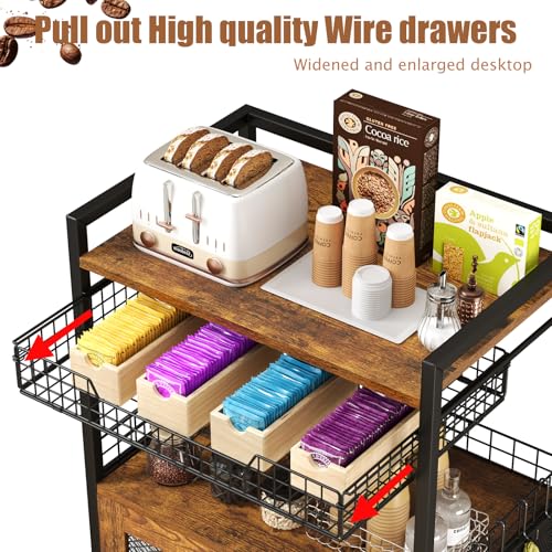 Hencawima Coffee Bar Cabinet, 3 Tier Coffee Station Table on Wheels, 35.9" H Bar Cart with Wire Basket Drawer & 5 Hooks for Home Kitchen, Liquor Buffet Sideboard Cabinet (Rustic Brown) - size: Large