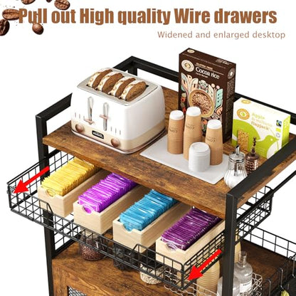 Hencawima Coffee Bar Cabinet, 3 Tier Coffee Station Table on Wheels, 35.9" H Bar Cart with Wire Basket Drawer & 5 Hooks for Home Kitchen, Liquor Buffet Sideboard Cabinet (Rustic Brown) - size: Large