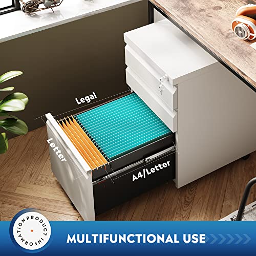 DEVAISE 3 Drawer Mobile File Cabinet with Lock, Metal, White - color: White, size: 17"D x 15"W x 24"H
