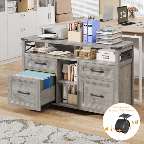 Halitaa Farmhouse Filing Cabinet with Adjustable Shelf & Wheels, Grey - color: Grey, size: 4 Drawers&Wheels