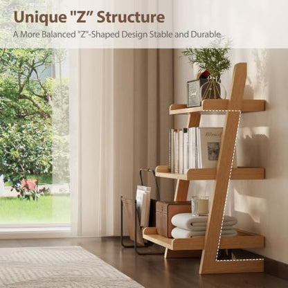 AQIMUELE Solid Wood Ladder Shelf, Leaning Bookshelf, Natural, 3-Tier - color: Natural, size: 3-Tier
