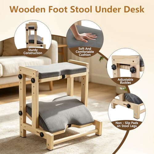 Double Step Foot Rest Under Desk, 8-Level Dual Adjustable Under Desk Foot Rest– 4 Height + 4 Angle Settings, Ergonomic Leg Rest with Cushion for Posture Support, Home Office & Gaming, Natural Wood
