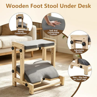 Double Step Foot Rest Under Desk, 8-Level Dual Adjustable Under Desk Foot Rest– 4 Height + 4 Angle Settings, Ergonomic Leg Rest with Cushion for Posture Support, Home Office & Gaming, Natural Wood