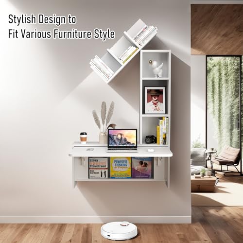 Folding Wall Mounted Drop Leaf Table, Foldable Desk with Moveable Cabinets, Floating Laptop with Convertible Storage Shelves, Multifunctional Computer Workstation in Home for Space Saving - color: White