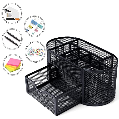 Black Mesh Pen Holder Desk Organizer Cute Office Supplies Pencil and Marker Organizers Oval Desk Caddy with 8 Compartments and 1 Drawer Workspace Accessories for Office School Home - style: Oval