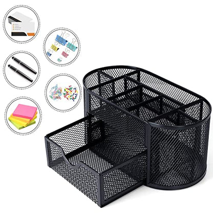 Black Mesh Pen Holder Desk Organizer Cute Office Supplies Pencil and Marker Organizers Oval Desk Caddy with 8 Compartments and 1 Drawer Workspace Accessories for Office School Home - style: Oval