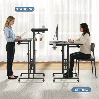 Simple Deluxe Split Top Rotating Standing Desk on Wheels – 23.6" Manual Adjustable Height Mobile Laptop Computer Table – Sit Stand Rolling Workstation with Tilt Function– Black - color: Black
