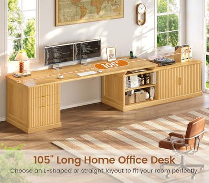 SEDETA Fluted 70.9" L Shaped Desk with Drawers, Fluted Oak - color: Fluted Oak, size: 70.9" L Shaped Desk