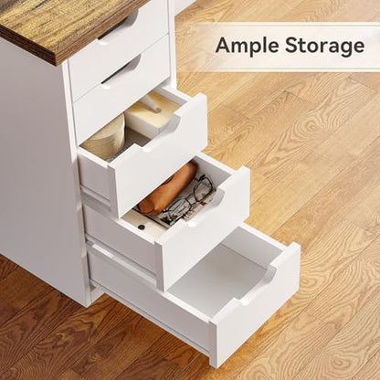 LITTLE TREE Computer Desk with 5 Drawers, 47 Inch Modern Simple Study Writing Desk with Metal Frame, Work Desk for Home Office, Rustic Brown and White - color: Rustic Brown and White