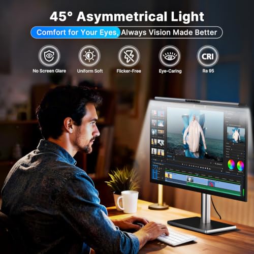 Syrinx 16.7" Monitor Light Bar, No Screen Glare USB LED Screen Lamp | 1200LM Eye Care Light, Touch & Gesture Control, Stepless Dimming, Compatible with Flat & Curved Monitors for Home Office - color: Gray