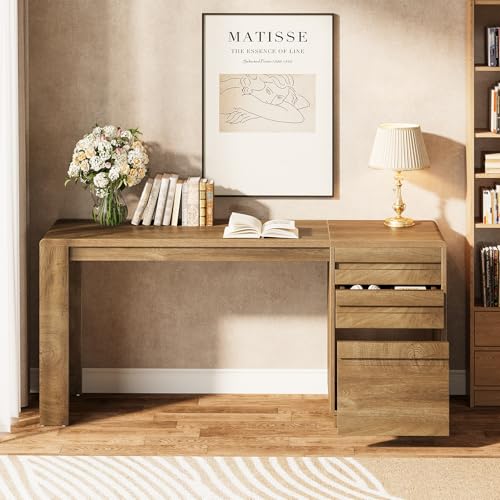 Tribesigns 55-Inch Computer Desk with 3 Drawers, Farmhouse Home Office Desk with Adjustable File Cabinet, Study Table Office Workstation, Walnut Brown