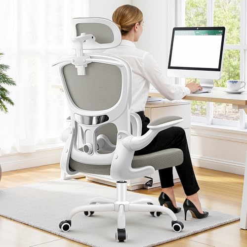 ALLGOD Ergonomic Office Chair, Mesh Home Desk Chair with Lumbar Support | Comfortable Computer Gaming Chair with 90° Flip-Up Armrests, Adjustabel Headrest, 45° Rocking Function, 300 LBS LightGray - color: Lightgray, size: 1 Pack