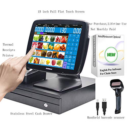 A3 Touch Cash Register for Small Businesses with MSJ POS-Software+Thermal Receipts Printer+Cash Drawer+BarcodeScanner - color: SET04