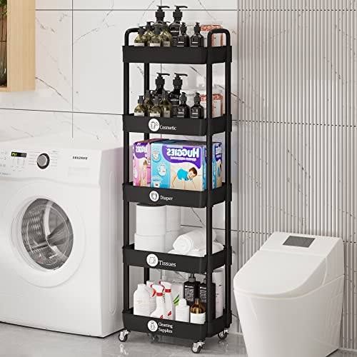 5 Tier Rolling Cart with Wheels,Utility Storage Carts,Black - color: Black, size: 5-Tier