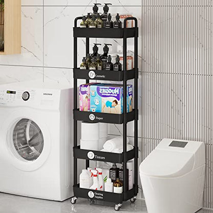5 Tier Rolling Cart with Wheels,Utility Storage Carts,Black - color: Black, size: 5-Tier