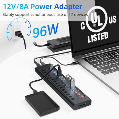 VANGREE Powered USB Hub 10Gbps, 17 Ports USB 3.2 Hub, 96W Power Adapter - color: Black