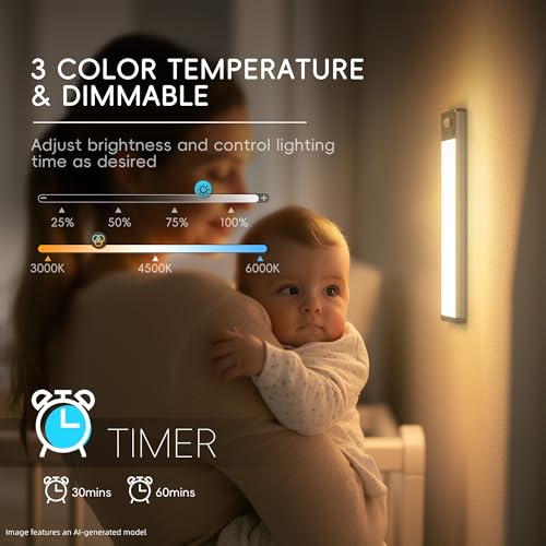 Hopedone Rechargeable Motion Sensor Under Cabinet Lights, White 3-Pack | Individual USB charging, 3 color temperatures, 12 RGB effects, remote dimming, 30/60-minute timers, magnetic mounting - size: 3 Pack