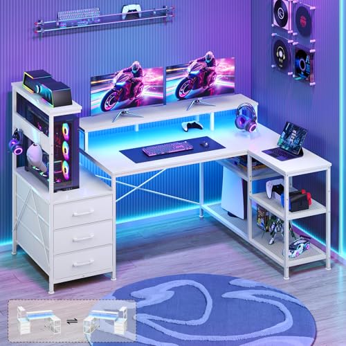 L Shaped Gaming Desk with Drawers & Storage Shelves for Game, Home Office | Corner Gaming Desk with Power Outlets & LED Light, Reversible Computer Desk with Monitor Stand & Hooks, White - color: White