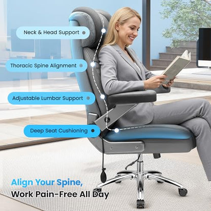Big and Tall Office Chair for Heavy People, 500LBS Wide Seat Computer Desk Chair, Extra Large Executive Gaming Chair with Adjustable Lumbar Support and 5D Flip Arms, Comfy Heavy Duty Office Chair - color: Grey