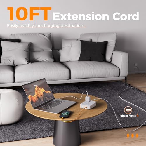 TESSAN Surge Protector Power Strip, 10FT Flat Extension Cord | 12 Outlet Extender with 4 USB (2 USB-C), Flat Plug Power Strip, 1800J Surge Protection, Office, Dorm Essentials, Gray - size: 10 FT