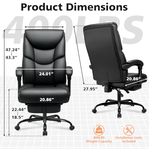 WAILOR 400lbs Office Chair with Foot Rest, Reclining Big and Tall Office Chair with Lumbar Support Spring Cushion, High Back PU Leather Computer Chair,Comfy Desk Chair for Home Office - color: Black