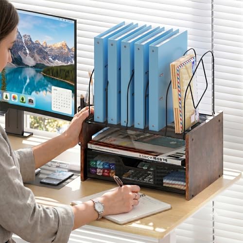 Desk Organizer with Drawer, Desktop File Organizer and Paper Tray Organizer with Vertical File Holder, Office Desk Accessories for Mail, Documents, Papers, Notebooks and Home Office Storage - size: 2 Tier Drawer with Vertical File Holder