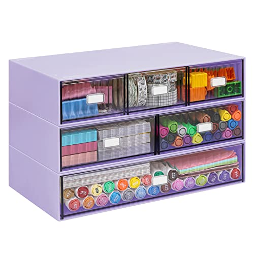 3 Tier Stackable Desk Organizer with 6 Drawers, Plastic Desktop Storage Box Drawers, Detachable Makeup Storage Office Stationery Supplies Organizer for Office School(Purple) - color: Purple