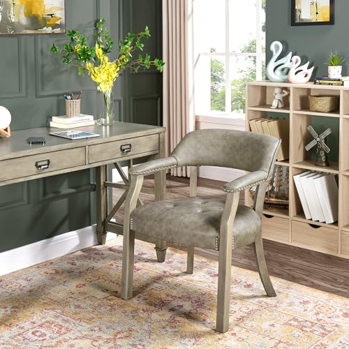 LEEMTORIG Faux Leather Dining Chairs with Arms, Mid-Century Dining Room Chairs with Supportive Back, Solid Wood Boss Caption's Chairs Office Desk Chairs, Game Poker Chairs, Soft Light Grey CY-NX173-UA - color: Soft Light Grey Pu, size: Set of 1