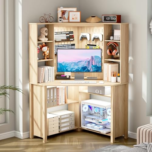 Corner Desk with Shelves-&LED Reading Light,Triangle Home Office Desk w/Charging Station for Work & Study,File Cabinet Storage Bookshelf for Small Space （Natural Wood） - color: Natural Wood Color