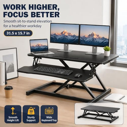 32" Height Adjustable Sit Stand Desk Converter, Dual Monitor Laptop Riser, Black (Desk Converter (Black)) - color: Desk Converter (Black)