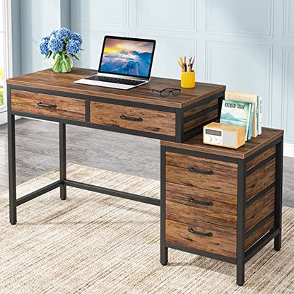 LITTLE TREE 5 Drawers Computer Desk, Desk with Reversible File Drawer Cabinet for Home Office, Brown - color: Brown