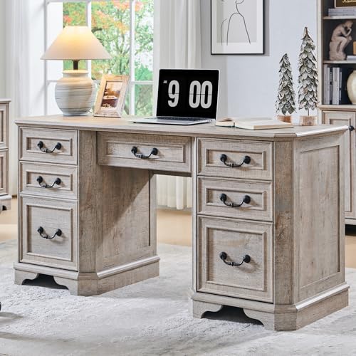 T4TREAM 59" Farmhouse Executive Desk with Drawers,Wood Home Office Computer Desk, Featuring Keyboard Tray,Charging Station,File Drawer, Storage Cabinet,for Work and Study (Light Rustic Oak) - color: Light Rustic Oak, size: Executive Desk Only