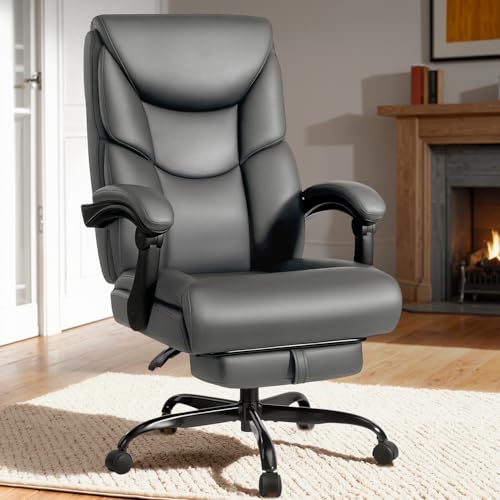 WAILOR 400lbs Office Chair with Foot Rest, Reclining Big and Tall Office Chair with Lumbar Support, High Back PU Leather Computer Chair,Comfy Desk Chair for Home Office (Gray) - color: Grey