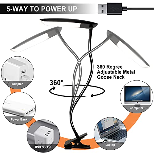LiFMIRA Clip on Lamp USB Reading Light 3 Color Modes 3000-6000K 8W 40 LED | Flexible Gooseneck Desk Light Clip on Lamp for Desk Eye Caring Bed Lamp for Headboard (No Plug) - color: Matt Black