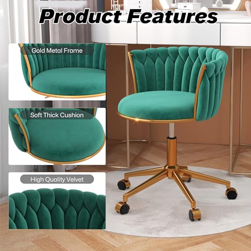 HENGJIANYI Velvet Woven Home Swivel Vanity Desk Chair with Gold Base, Green | Modern Height Adjustable Office Chair with Metal Base and Hand Weaving Back Wheels for Bedroom Study Small Space girl women - color: Green