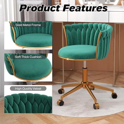 HENGJIANYI Velvet Woven Home Swivel Vanity Desk Chair with Gold Base, Green | Modern Height Adjustable Office Chair with Metal Base and Hand Weaving Back Wheels for Bedroom Study Small Space girl women - color: Green